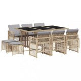 Set mobilier de gradina cu perne, 11 piese, bej, poliratan