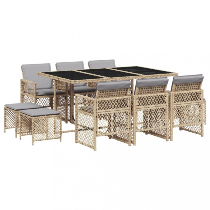 Set mobilier de gradina cu perne, 11 piese, bej, poliratan