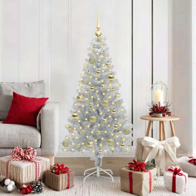 vidaXL Brad de Crăciun cu 150 LED cu suport Argintiu 150 cm PET 3396665 foto