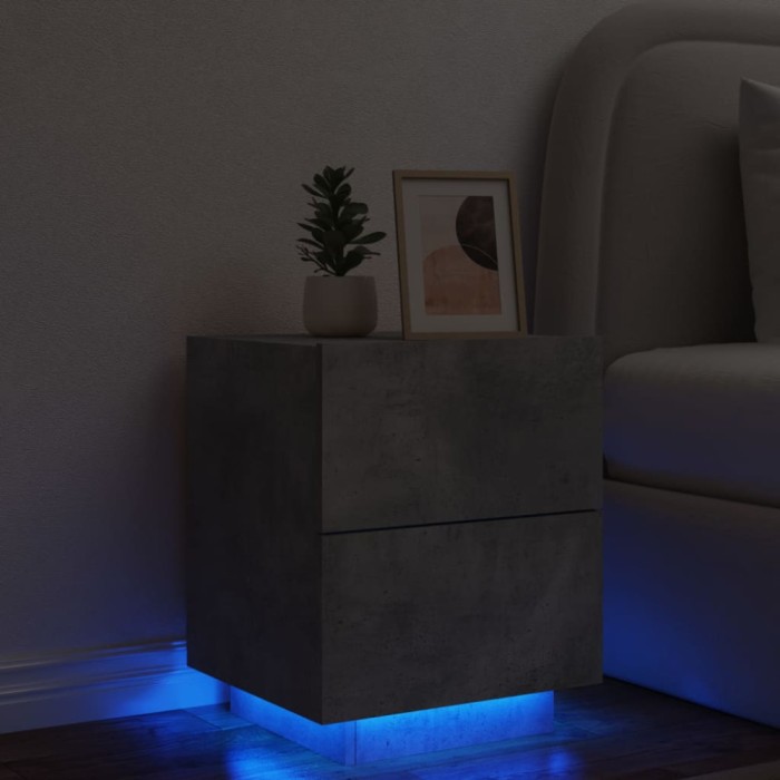Gossi noptiera cu lumini led, gri beton, lemn prelucrat