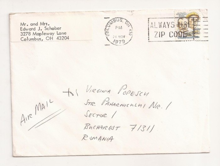 FD12 - Plic Circulat international SUA - Romania , 1979
