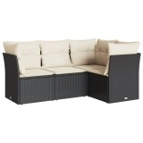 Set mobilier de gradina cu perne, 4 piese, negru, poliratan