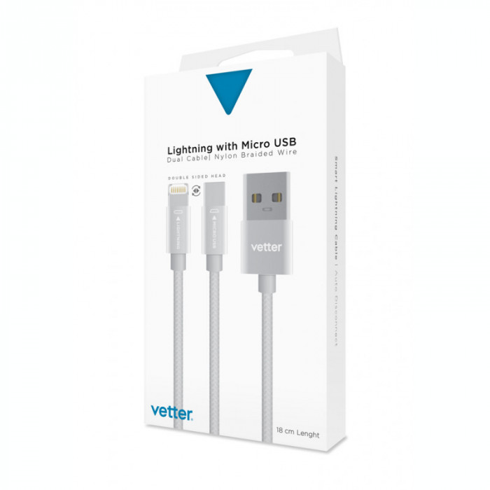 Cabluri si Adaptoare Vetter VETTER, Lightning with Micro USB Dual Cable, Nylon Braided Wire, 18 CM