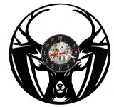 Ceas de perete decorativ, model Cerb Carpatin si Coarne, Stil Vanatoare, din disc de vinil retro, diametru 30 cm, Negru