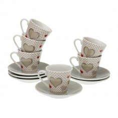 Set 6 cesti cu farfurie pentru cafea Sweet Hearts, Versa, 5.8 x 5.8 x 6 cm, portelan