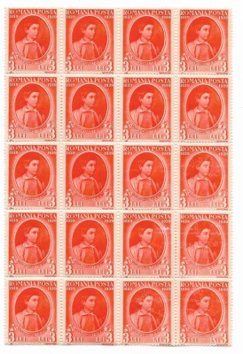 Centenarul nasterii regelui Carol I, 1938, 3 L, bloc 20 buc., neobliterate foto