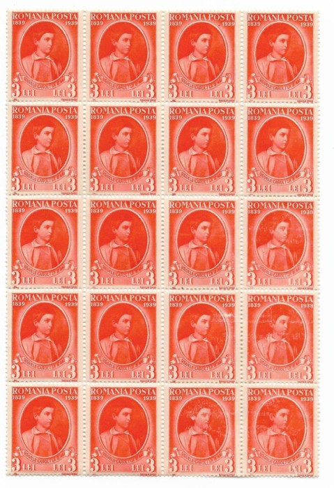 Centenarul nasterii regelui Carol I, 1938, 3 L, bloc 20 buc., neobliterate