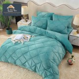 Cumpara ieftin Lenjerie de pat dublu din catifea cu pliuri,cearceaf cu elastic,4 piese,turcoaz- A1384