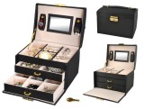 Cutie de Bijuterii Eleganță, Negru, PU+MDF, Dimensiuni 17.5x13.8x13.5cm, Design Compact cu Cheie