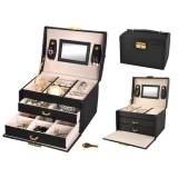 Cutie de Bijuterii Eleganță, Negru, PU+MDF, Dimensiuni 17.5x13.8x13.5cm, Design Compact cu Cheie