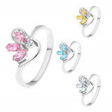 Inel in culoare argintie,floare colorata pe jumatate alcatuita din zirconii, brate indoite - Marime inel: 49, Culoare: Transparent