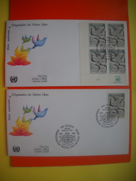HOPCT PLIC FDC S NR 292 SET 2 FDC -ANIVERSARE 35 ANI 1980 -ONU NATIUNILE UNITE 1982 -BIROUL DIN GENMEVA -ELVETIA
