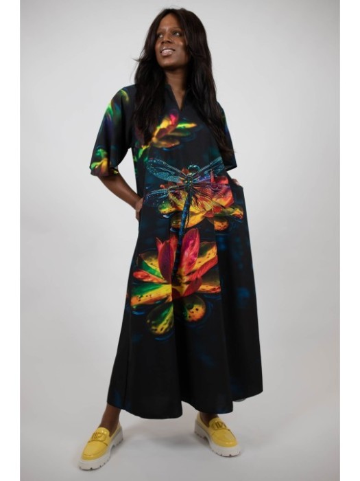 ROCHIE LUNGA CU BUZUNARE SI MANECI CLOPOT DRAGONFLY TALIE UNICA Multicolora