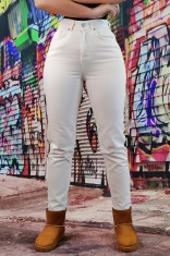 F916-2 Blugi drepti cu talie inalta din denim alb