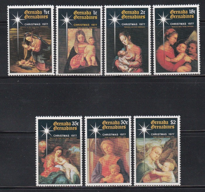 Grenada Grenadine 1977 - Crăciun - Picturi de Van Dyck, Correggio, Raphael, s.a., Serie + Colita, 4 Poze, MNH