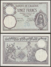 ALGERIA █ bancnota █ 20 Francs █ 1928 █ P-78b █ UNC █ necirculata