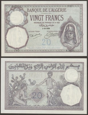 ALGERIA █ bancnota █ 20 Francs █ 1928 █ P-78b █ UNC █ necirculata foto
