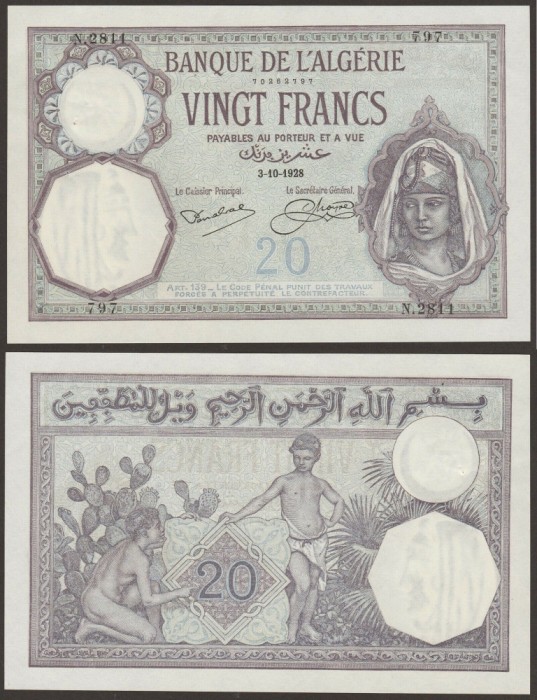 ALGERIA █ bancnota █ 20 Francs █ 1928 █ P-78b █ UNC █ necirculata