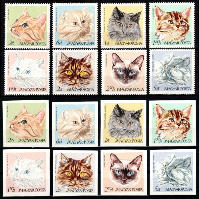 Ungaria 1968, Mi #2387-2394 A+B, dant + ned, fauna, pisici, MNH. Cota 148,50 &euro;!