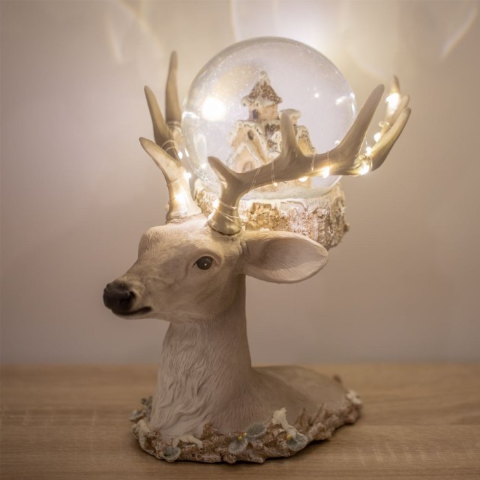 Figurină Decorativă, Jumbo, Cap de Ren cu LED, Sticlă și Polirasină, Bej, 17x21x22cm