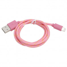 Cablu de date / incarcator USB invelit in material textil pentru Apple iPhone, lungime 2m, Culoare Roz foto