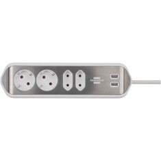 Prelungitor pentru perete/colt Brennenstuhl Estilo, 4 prize, 2xUSB 3.1 A, H05VV-F 3G1.5, 2m, Argintiu/Alb