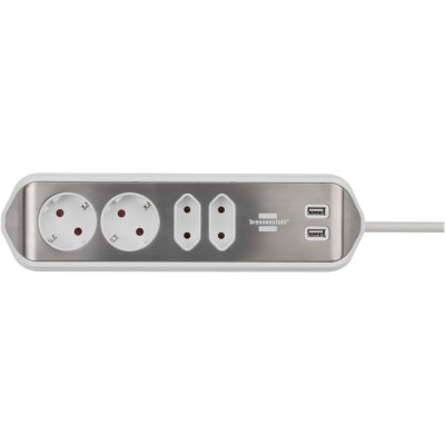 Prelungitor pentru perete/colt Brennenstuhl Estilo, 4 prize, 2xUSB 3.1 A, H05VV-F 3G1.5, 2m, Argintiu/Alb foto