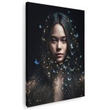 Tablou portret femeie cu fluturi in par, maro, negru, albastru 1080 Tablou canvas pe panza CU RAMA 60x90 cm