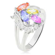 Inel cu braţe bifurcate, ştrasuri colorate, &icirc;n formă de bob, linie convexă cu ştrasuri transparente - Marime inel: 59