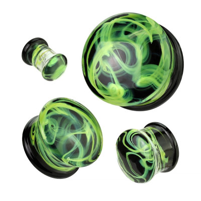 Plug de ureche din sticlă Pyrex - efect de fum galben-verde, capete negru și transparent - Diametru piercing: 19 mm foto