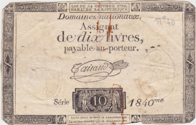 FRANTA ASIGNATA ASSIGNAT 10 LIVRES OCTOMBRIE 1792 SIGN. Taisaud WTMK. 10 L F foto