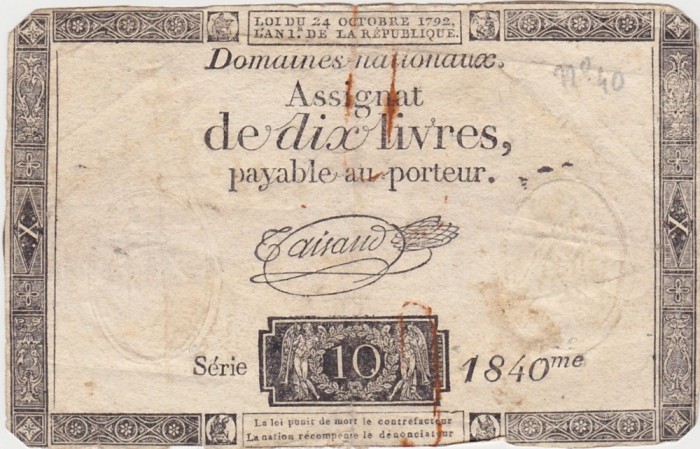 FRANTA ASIGNATA ASSIGNAT 10 LIVRES OCTOMBRIE 1792 SIGN. Taisaud WTMK. 10 L F