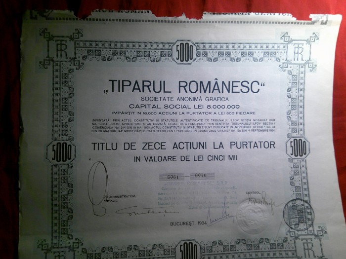 Actiune Tiparul Romanesc 1924 - Titlu la purtator val. 500 lei , cu timbru sec ,stampila si semnaturi