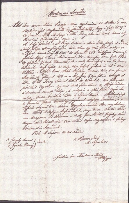 A3724N Contract de v&acirc;nzare-cumpărare păm&acirc;nturi, 1857, T&acirc;rgu Lăpuș, limba maghiară, h&acirc;rtie cu filigran Borgo