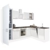Mobilă de bucătărie de colț Yorki 280, corp alb, față alb satinat, element inferior cuptor, frigider cu dedurizator de gătit inferior