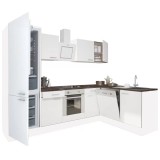 Mobilă de bucătărie de colț Yorki 280, corp alb, față alb satinat, element inferior cuptor, frigider cu dedurizator de gătit inferior
