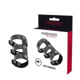 DARKNESS - ADJUSTABLE LEATHER DOUBLE PENIS AND TESTICLE RING, DARKNESS BONDAGE