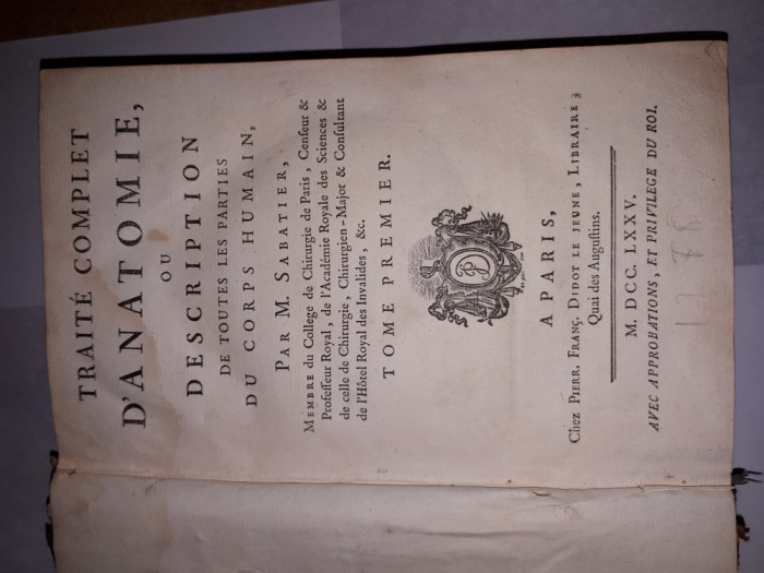 SABATIER &quot;Tratat Complet de Medicina&quot; limba franceza / Editia I Vol 1 / 1775 RAR