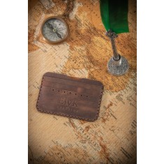 Portcard din piele naturala, lucrat si cusut manual, Remus, Handmade, Maro, Produs in Romania