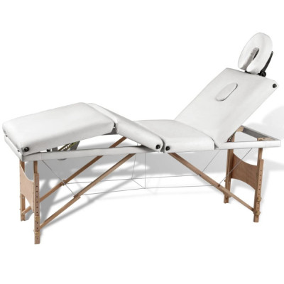 vidaXL Masă de masaj pliabilă, 4 zone, alb crem, cadru din lemn foto