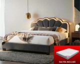 Set pat tapitat Comfort 2 cu LED cu saltea inclusa, cadru din lemn cu somiera fixa, culoare Gri