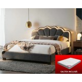 Set pat tapitat Comfort 2 cu LED cu saltea inclusa, cadru din lemn cu somiera fixa, culoare Gri