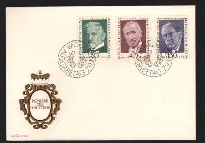 CPIB17022 INTREG POSTAL - FDC, LIECHTENSTEIN, 1972, PIONIERE DER PHILATELIE foto