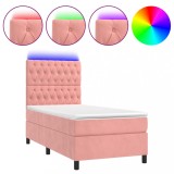 Cumpara ieftin Pat cu arcuri, saltea si LED, roz, 90x190 cm, catifea