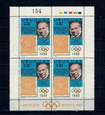 Uruguay 1979 - Rowland Hill, timbru pe timbru, Jocurile Olimpice, bloc de 4 neuzat foto