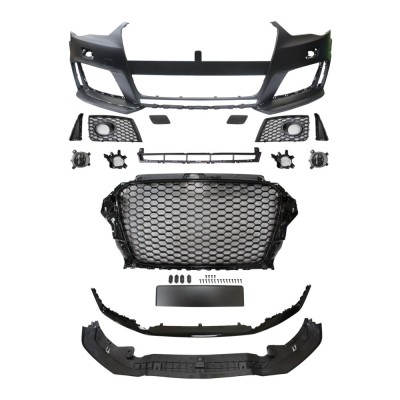 Set bara fata AUDI A3 (8V), 06.2012-07.2016, cu lampi ceata, cu gauri spalator; grunduit, de vopsit; type RS3; cu grile, cu spoiler; cu suport numar foto