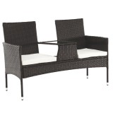 Cumpara ieftin Banca de gradina cu masuta din rattan artificial maro si perne textil crem LALIT 131x60x82 cm