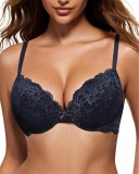 Cumpara ieftin Sutien Push-Up, Wingslove WL01, dantela florala, efect de marire, sustinere cu armatura , confort, look feminin si seducator, marime 75C, albastru nav