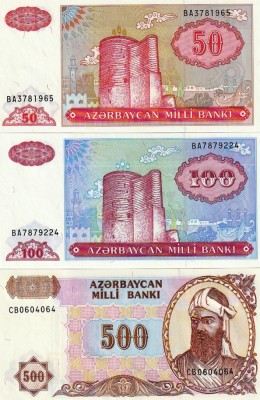 Azerbaidjan Set 3 Bancnote 50, 100, 500 manat azer 1993 UNC foto
