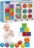 Set Complet 15 Piese Educative pentru Bebelusi 0+ luni: Cuburi cu Animale, Telecomanda Muzicala Interactiva si Forme Senzoriale Soft, Unisex, Oem